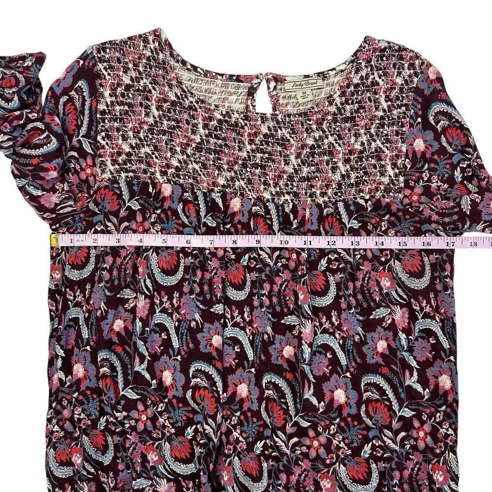 Lucky Brand Paisley Floral Smocked Top Women Medium Burgundy 3/4 Sleeve